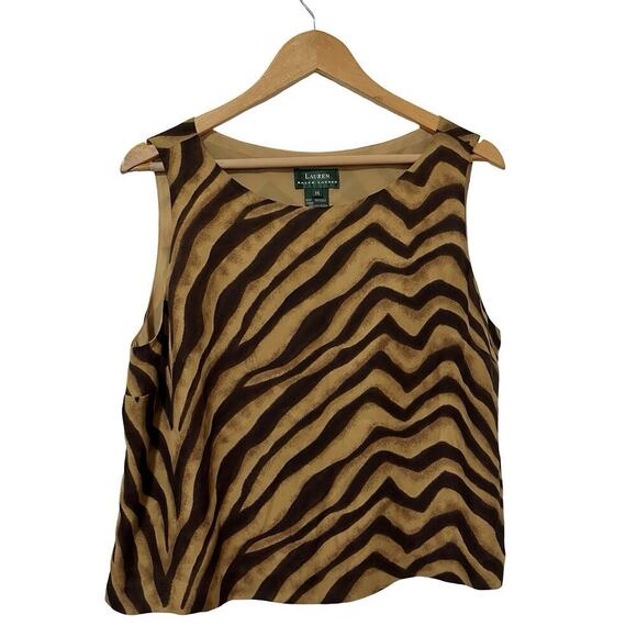 Lauren Ralph Lauren Silk Animal Print Tank Top Size 14 Brown Mod Wife Safari - Picture 1 of 6